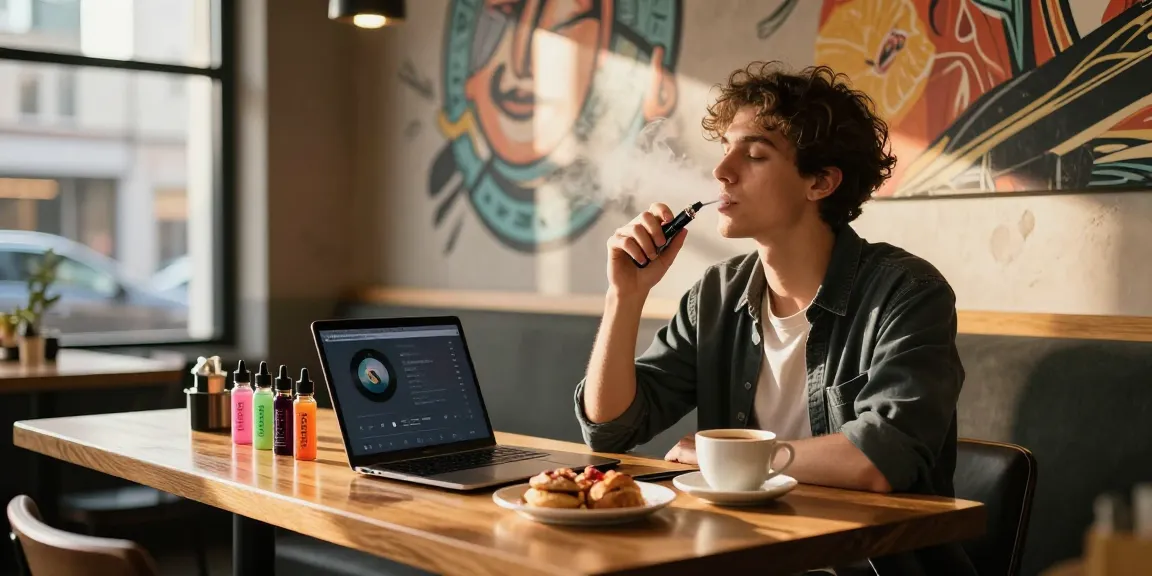 Urban lifestyle scene showcasing a person enjoying a thc vape in a trendy coffee shop.