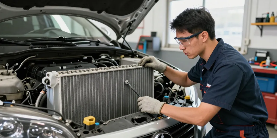 Dirty car radiator inspection by a trusted professional in a local auto repair shop.