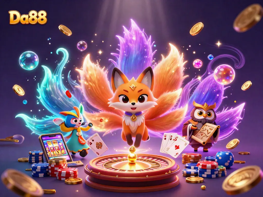 Experience excitement at Da88 online casino with vibrant characters, glowing effects, and dynamic gambling elements in stunning detail.