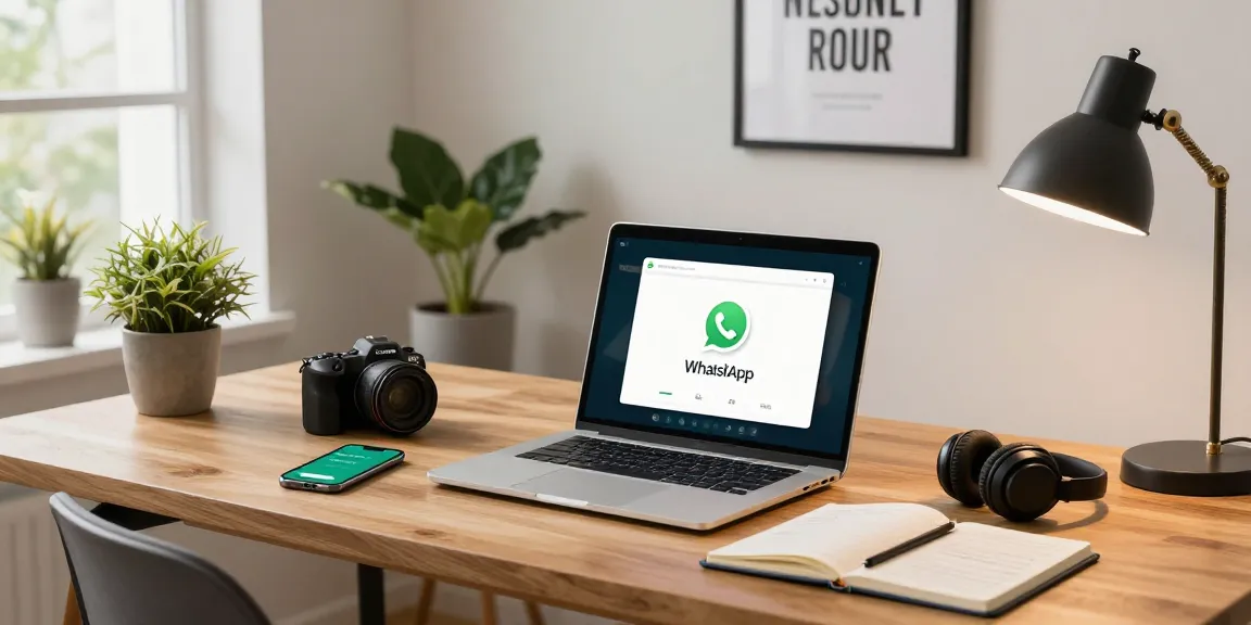 Engaged user interacting with WhatsApp電腦版 on a stylish laptop in a modern home office.
