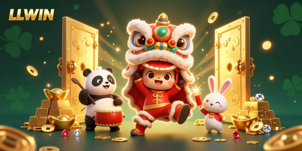 Experience thrilling wins at LLWIN with vibrant casino elements featuring a lion dance and treasures.