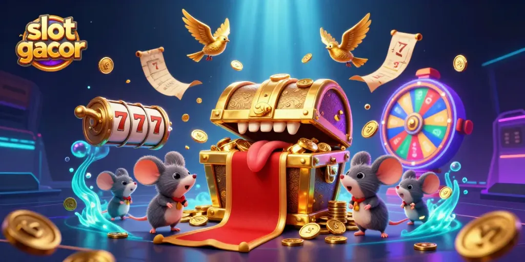 Engage with slot gacor excitement through a treasure chest lure, vibrant game elements, and dynamic winning atmosphere.