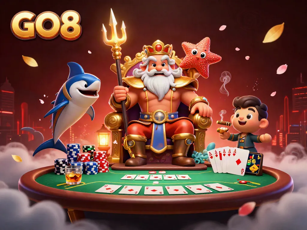 Experience the excitement of GO8 with Neptune and samurai in a vibrant casino scene