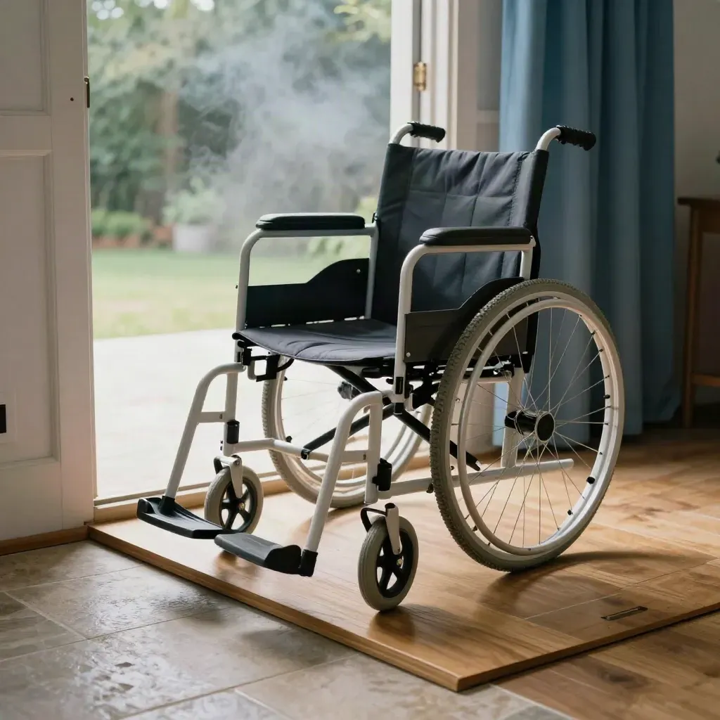 Manual wheelchair by a patio doorway beside a threshold ramp and cushion