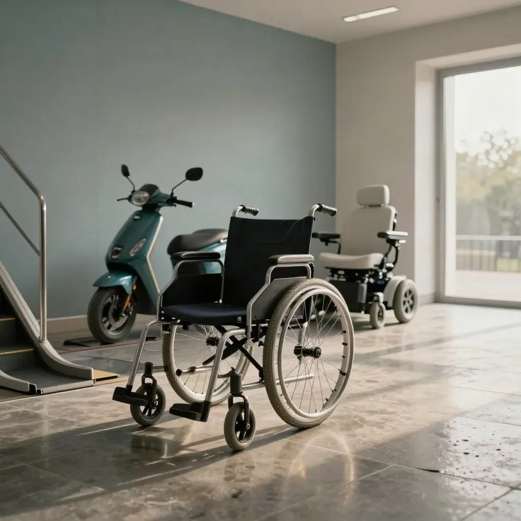 Mobility showroom corner with wheelchair, scooter, powerchair and stairlift rail in soft morning light.