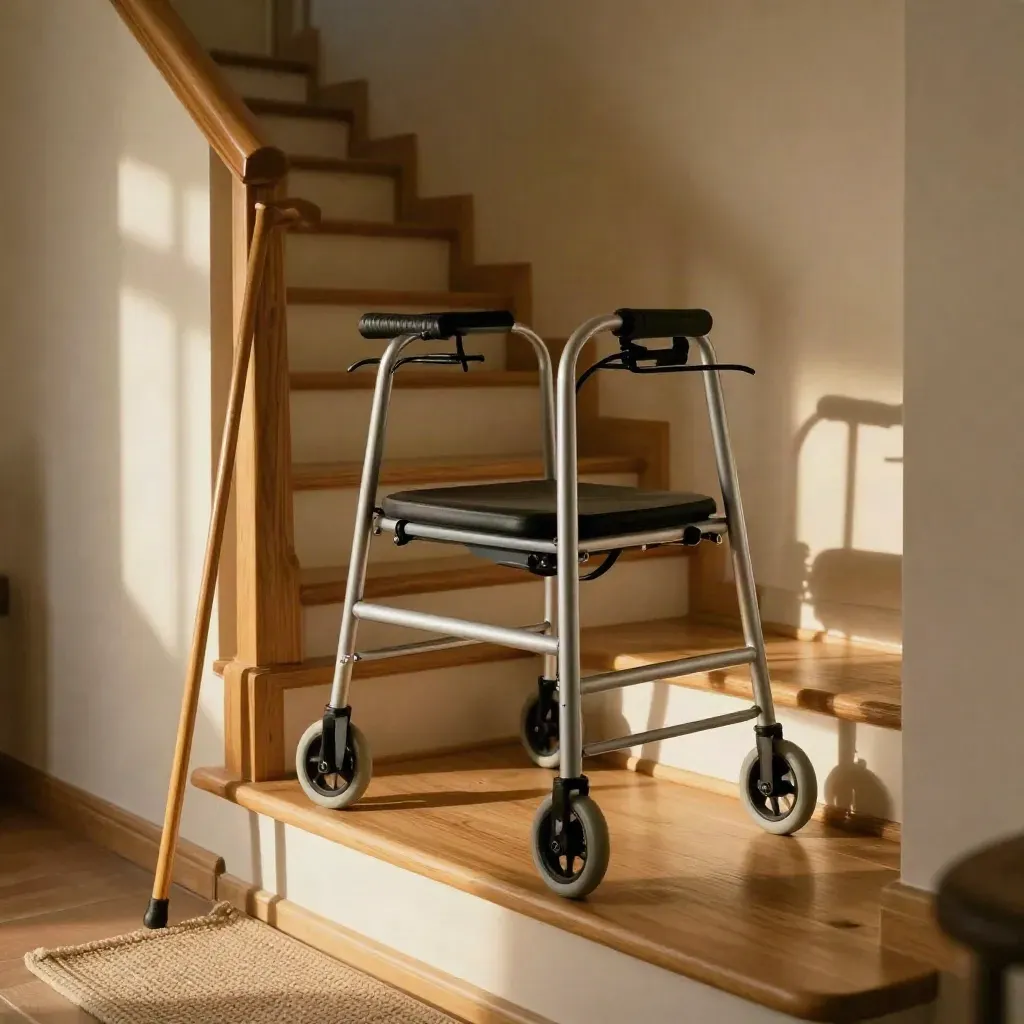 Silver rollator, folded walking stick and mat by a bright stair landing in a warm home.