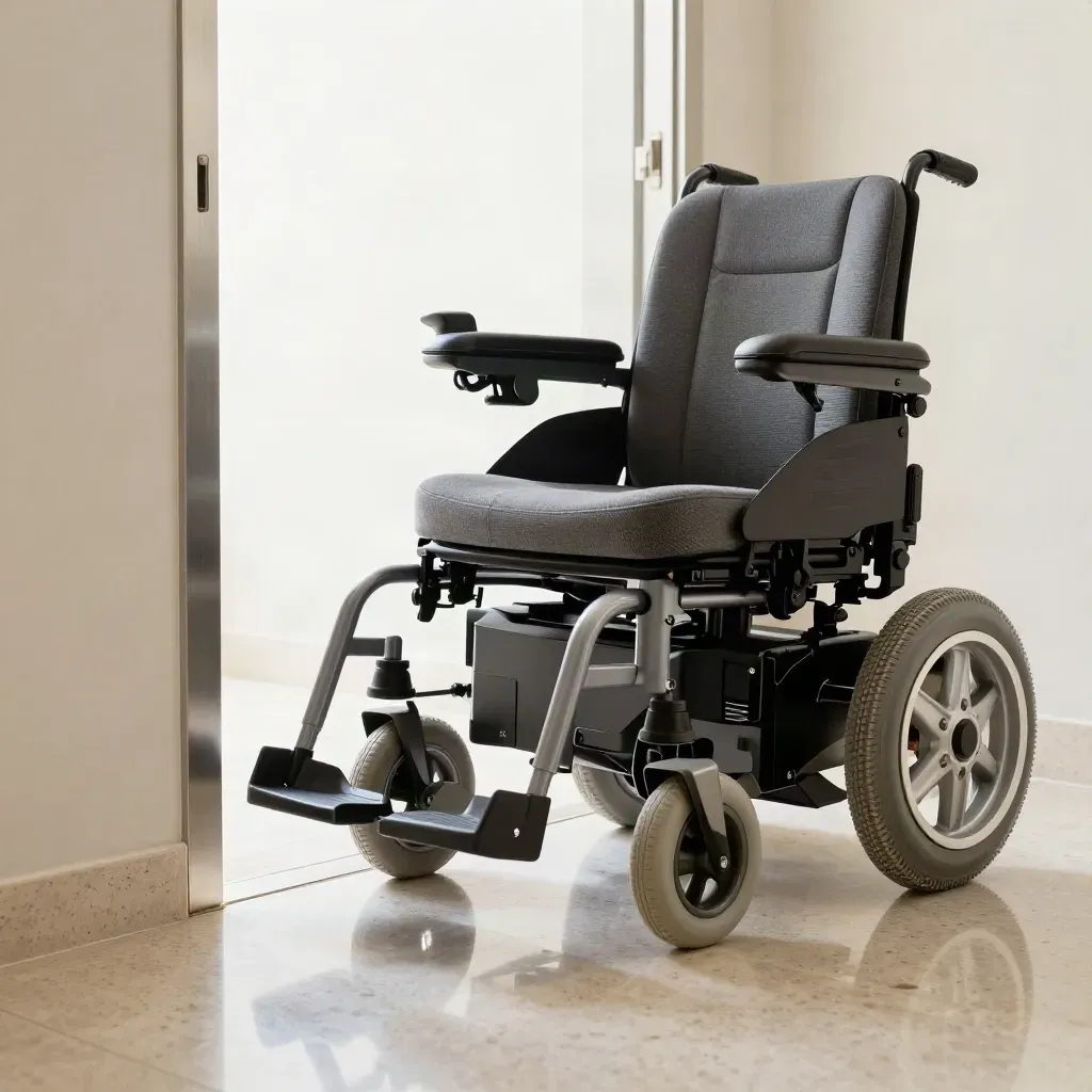 Powerchair rolling through a quiet doorway on a polished travertine corridor floor.