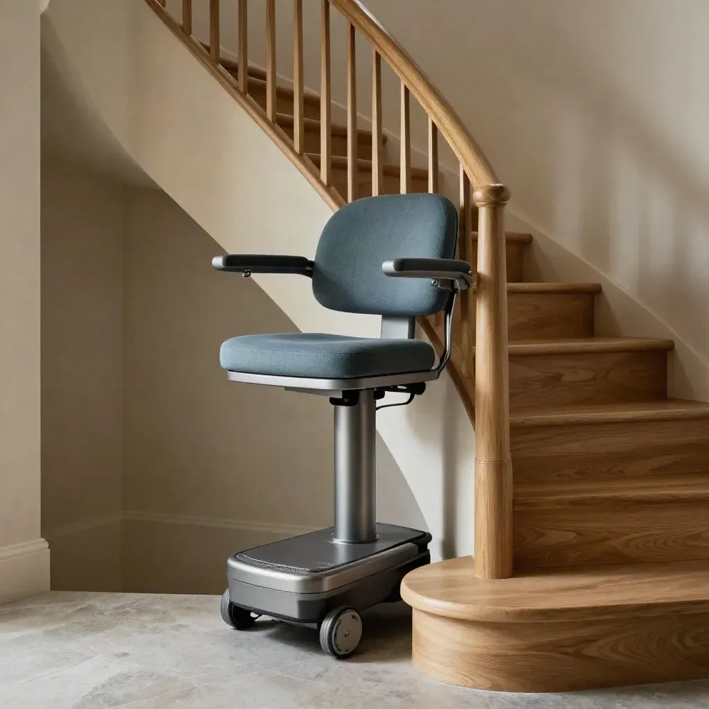 Curved stairlift beside a pale timber staircase in a quiet home interior.