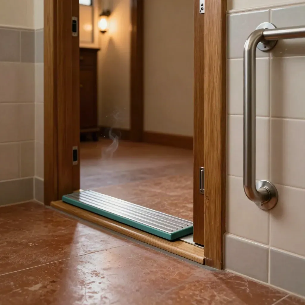 Accessibility check items staged in a hallway doorway with ramp sample and grab rail bracket.