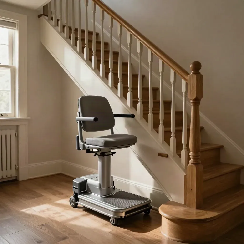 New stairlift fitted on a warm oak staircase, charger glowing at the lower landing.