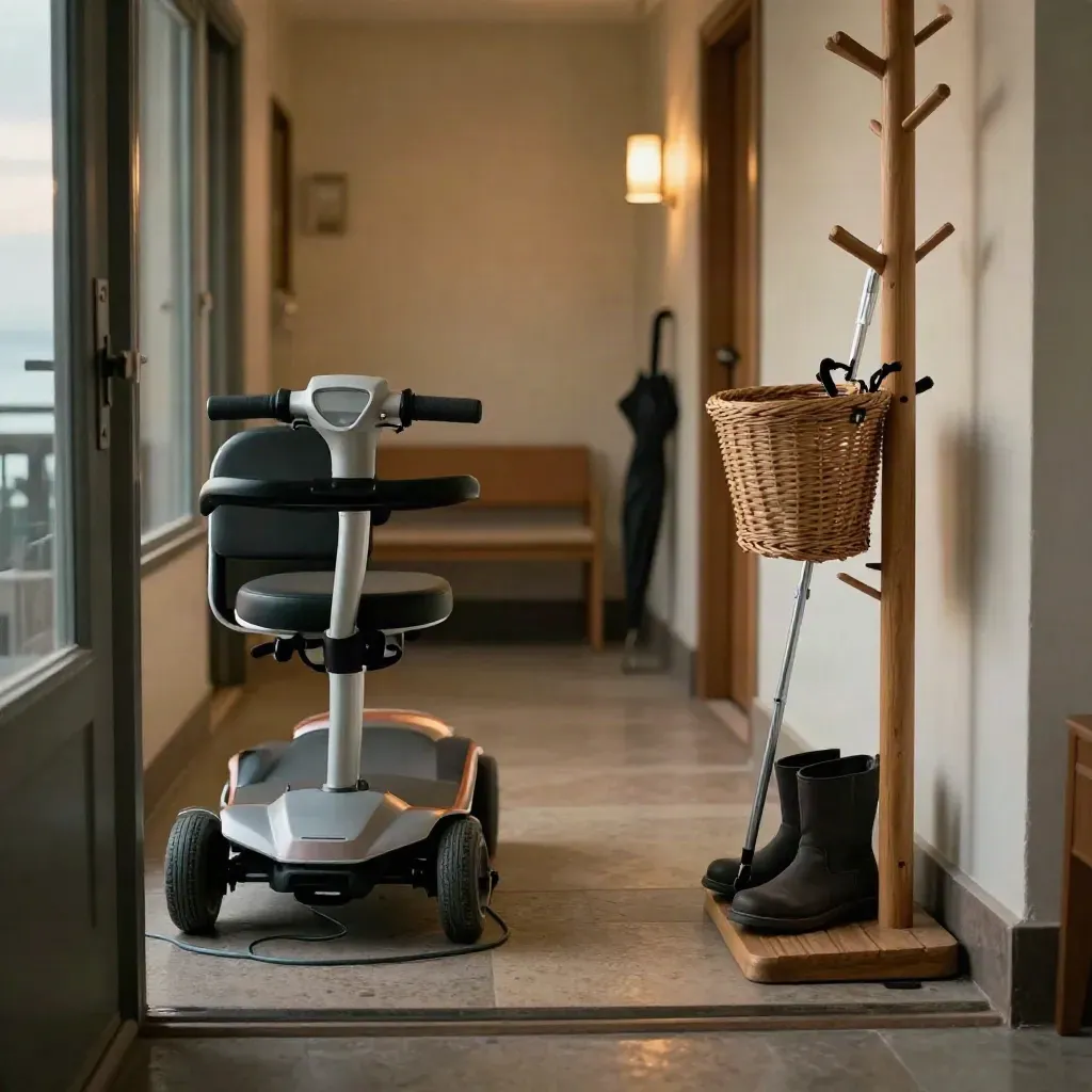 Compact mobility scooter by a front door, ready for clinic trips beside coat rack and boot mat.
