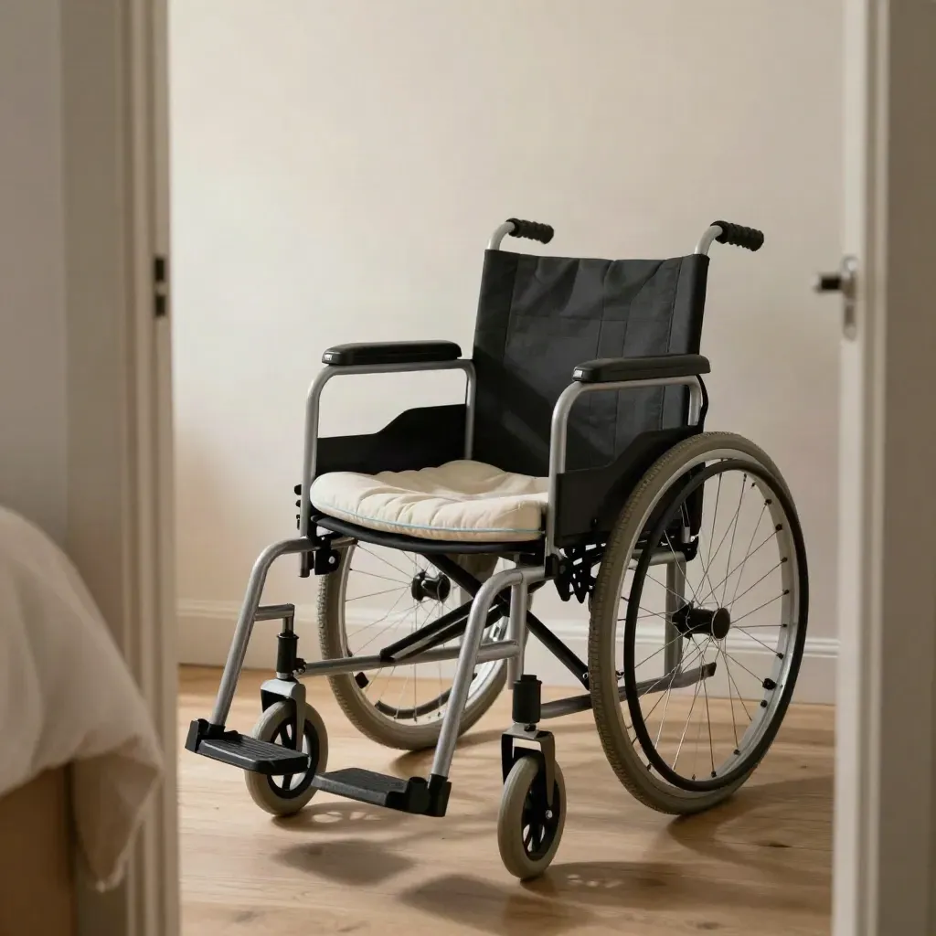 Manual wheelchair fitted beside a bedroom doorway, aligned for safe transfers in a calm home.