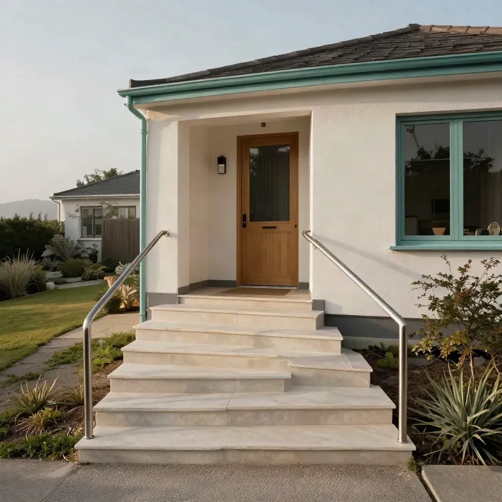 Finished bungalow access ramp with handrail and widened stone threshold in coastal light