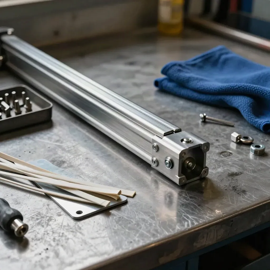 Stairlift rail joint and fitting tools on a steel workbench in a dim workshop