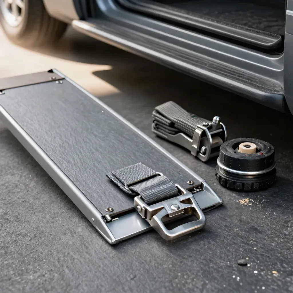 Mobility transport kit on slate: ramp hinge, buckle, clamp and wheel chock in cool garage light.