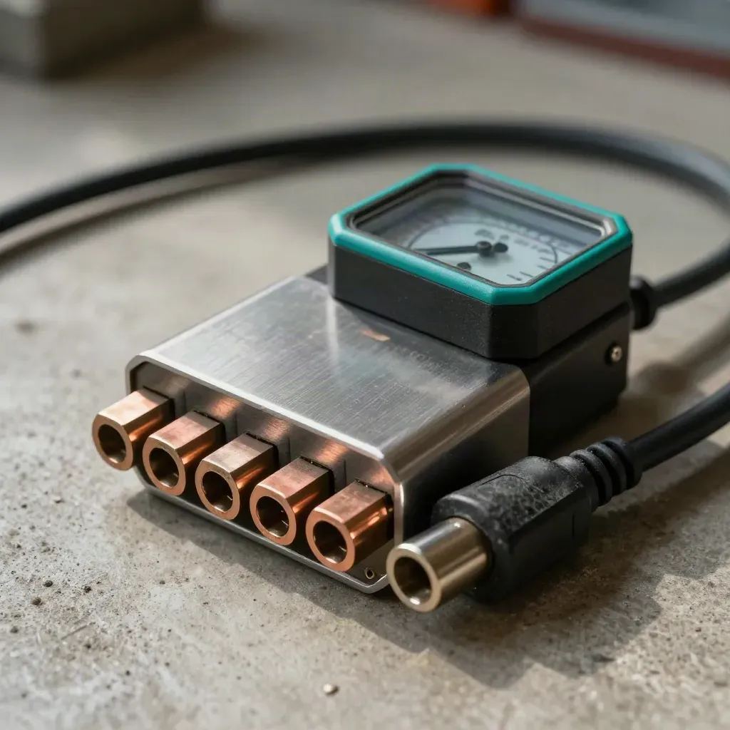 Macro of charger contacts, meter casing and coiled lead on pale concrete
