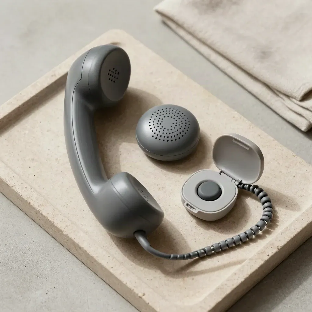 Corded handset and listening aids arranged on a stone tray with soft neutral light.