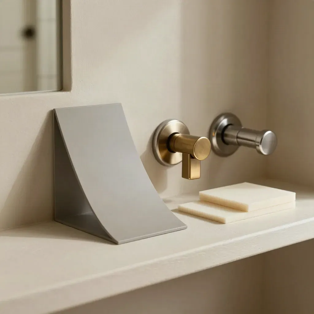 Accessibility check tools on a pale shelf: ramp wedge, latch hardware, bath rail mount, spacer strip.