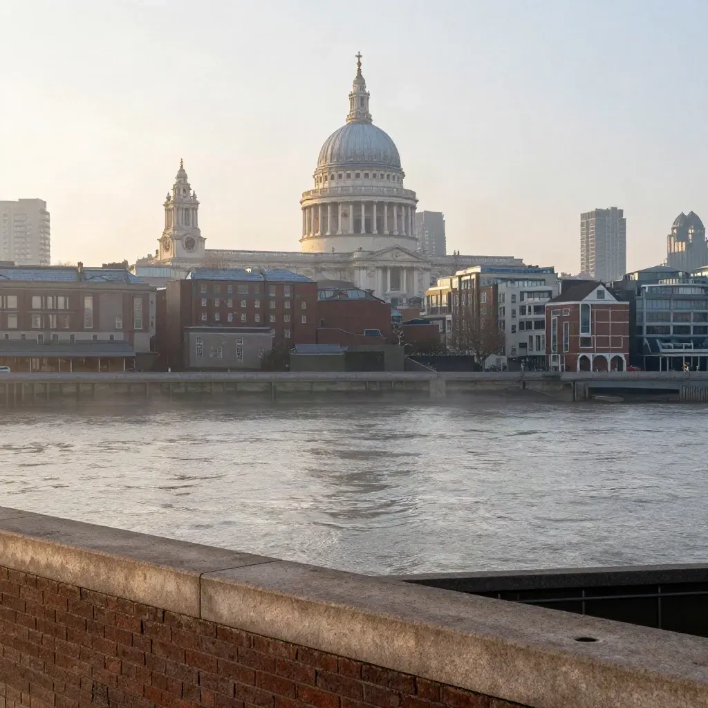 St Paul’s dome over the Thames in pale dawn haze, with calm river frontage for copy.