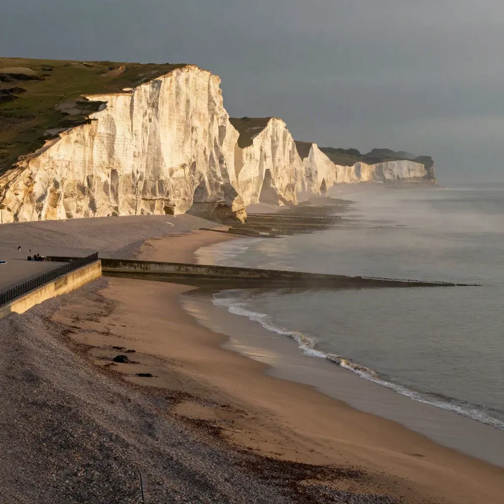 Brighton chalk cliffs and promenade glowing in golden haze above a calm sea-sand foreground.