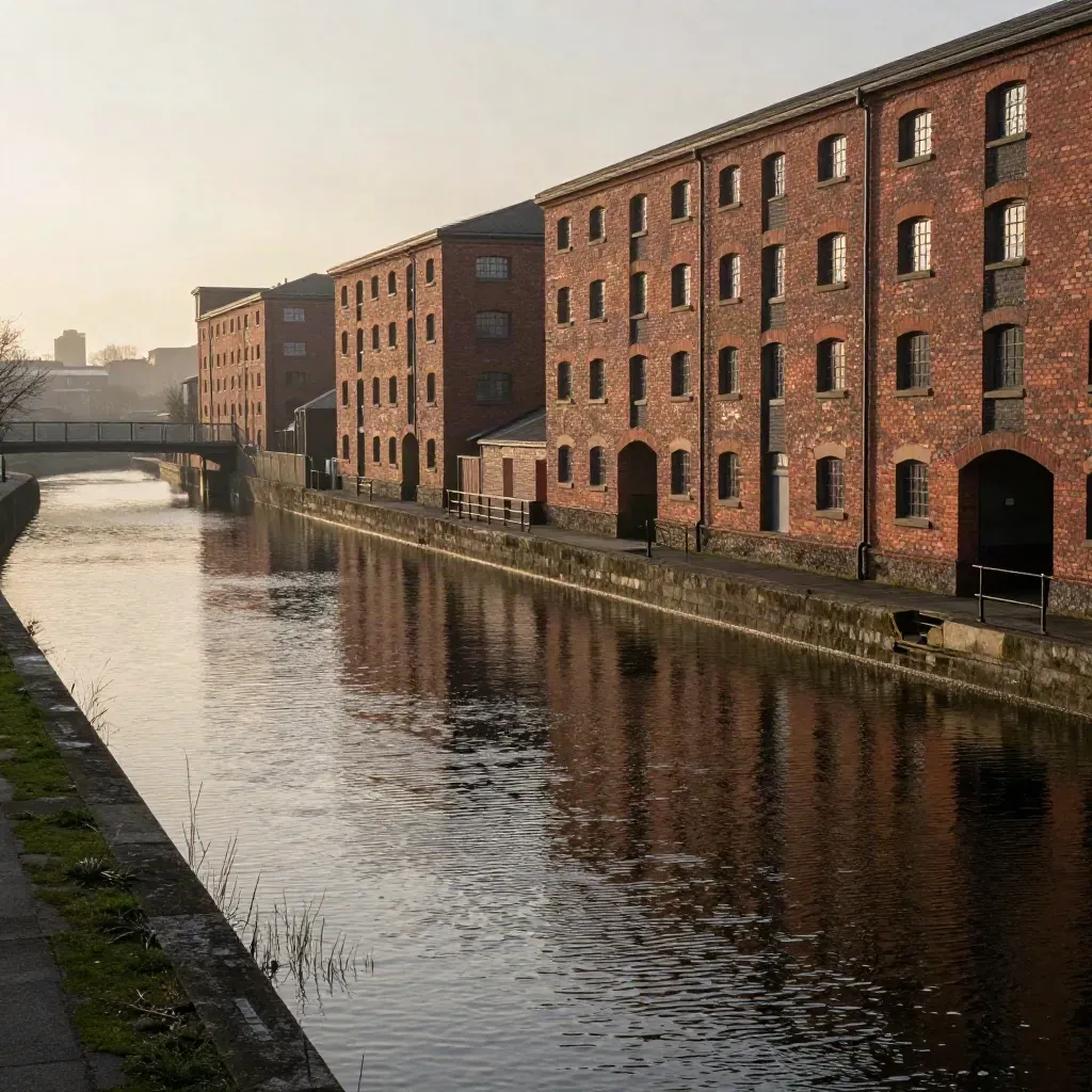 Birmingham canal basin with brick warehouses and viaduct in warm haze