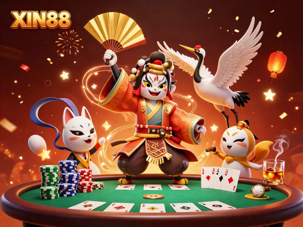 XIN88 offers thrilling gaming adventures with vibrant characters and engaging casino elements in a dynamic scene.