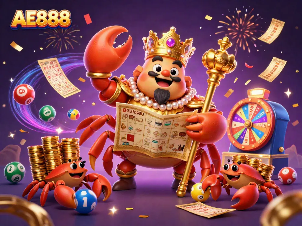 Engage with AE888, the ultimate gaming experience featuring a golden crab emperor in a vibrant casino scene.
