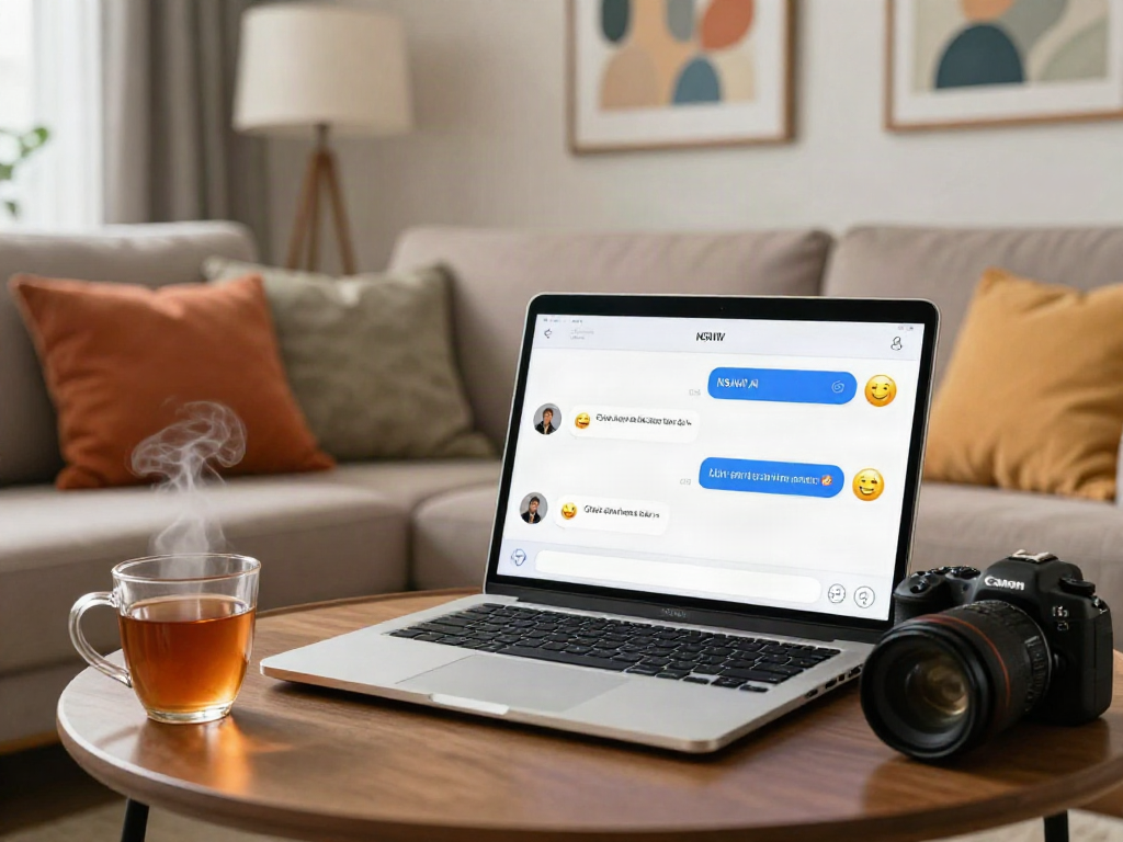 Engaging NSFW AI chat session on a laptop in a cozy living room setting, showcasing modern communication.