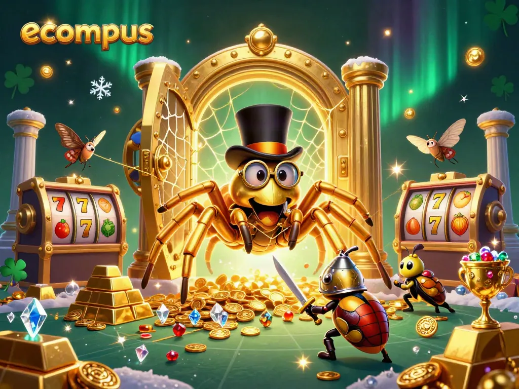 Spin winning slots with ecompus in a vibrant casino scene featuring a golden tarantula and beetle knight.