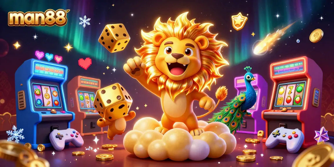 Experience man88's dynamic slot gaming with a roaring sun lion and golden dice in a vibrant scene.
