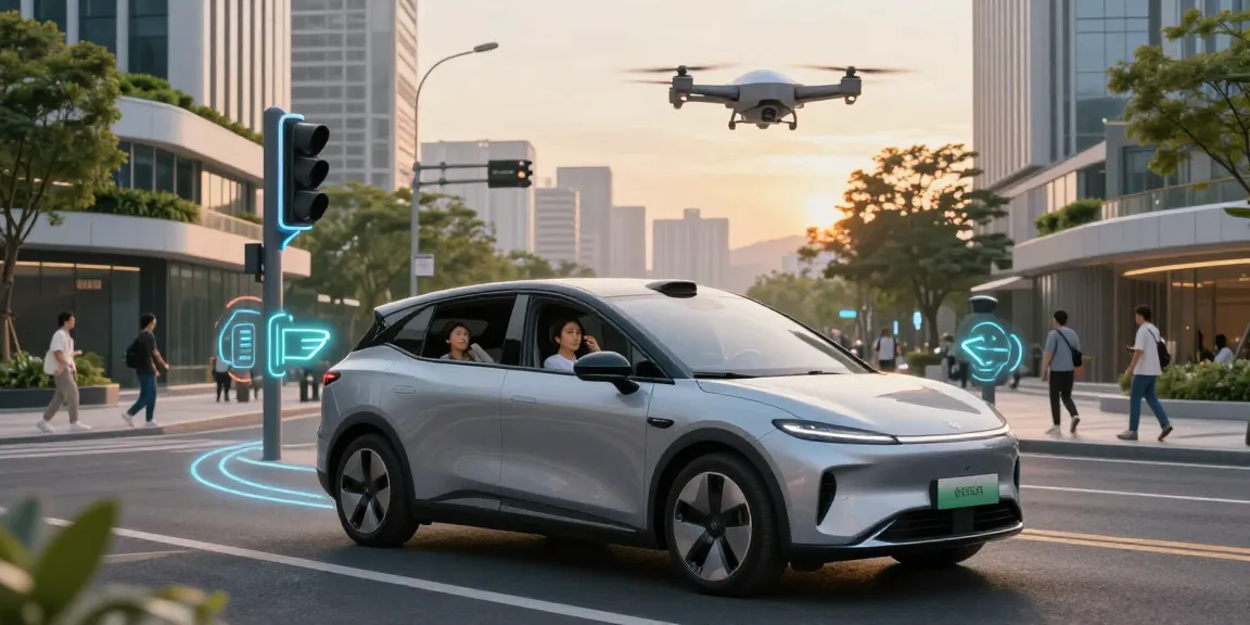 Autonomous driving car seamlessly navigating a smart city, showcasing technology integration and passenger comfort.