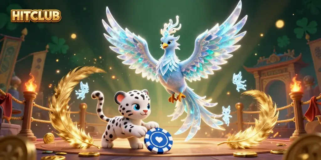 Engage with HITCLUB's vibrant ice phoenix and playful snow leopard in a dynamic casino scene filled with energy and excitement.