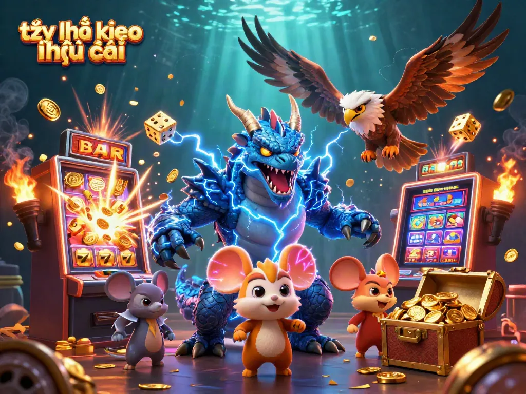 Engage with tỷ lệ kèo nhà cái through a vibrant casino-themed digital illustration featuring dynamic characters and game elements.