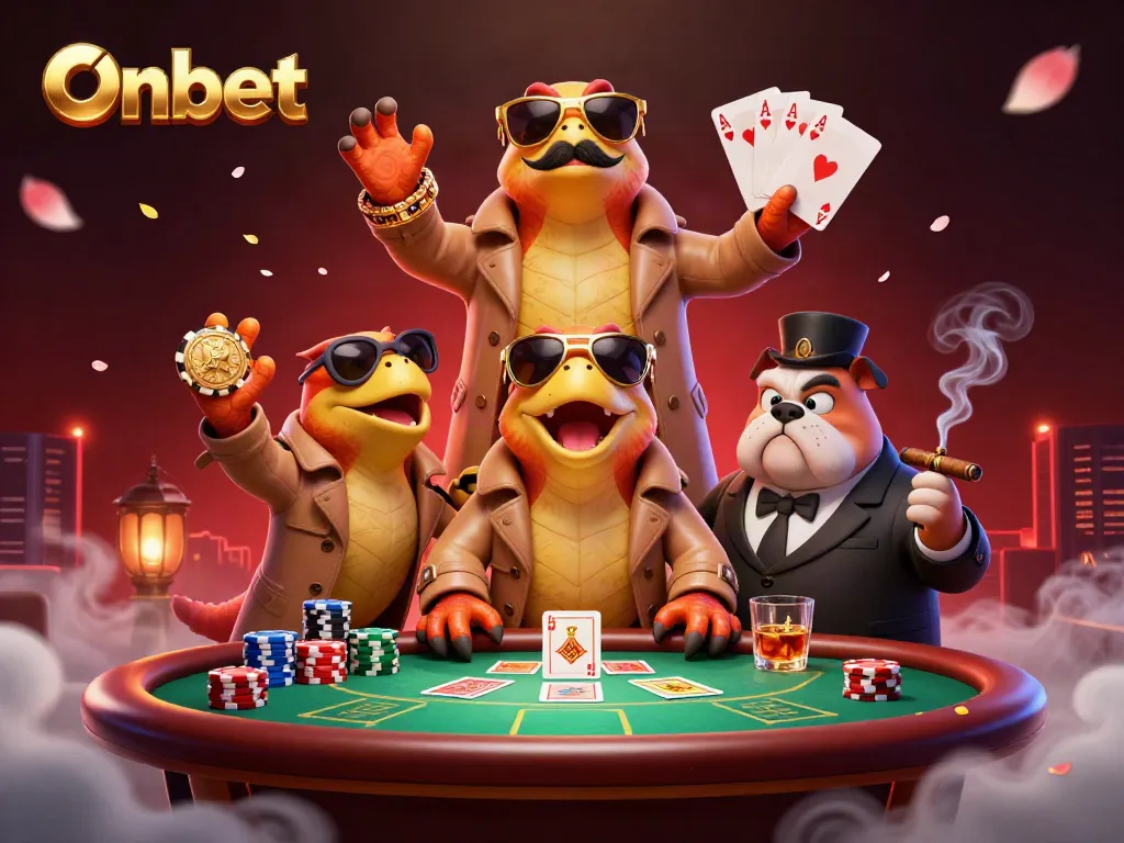 Onbet features playful raptors at a VIP casino, engaging in poker games with rich details.