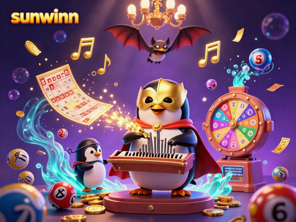 Experience sunwinn with a vibrant 3D illustration of a penguin organist amidst casino-themed elements.