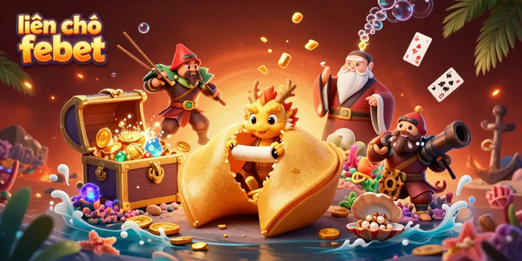 Engage with the vibrant gaming experience of liên hệ febet, featuring a golden fortune cookie and dynamic characters.
