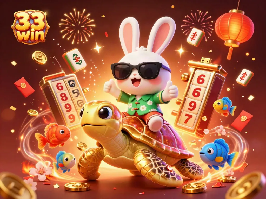 Join the fun at 33 win with a cartoon rabbit and turtle enjoying casino excitement, amidst golden slot reels.