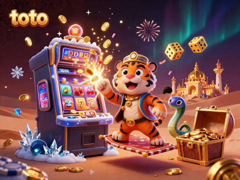 Engage in thrilling gambling action with the animated toto casino scene featuring a tiger sultan and magical elements.
