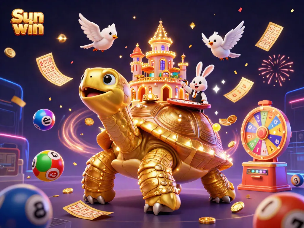 Experience the excitement of Sun win with a vibrant casino scene featuring a golden tortoise and colorful games.