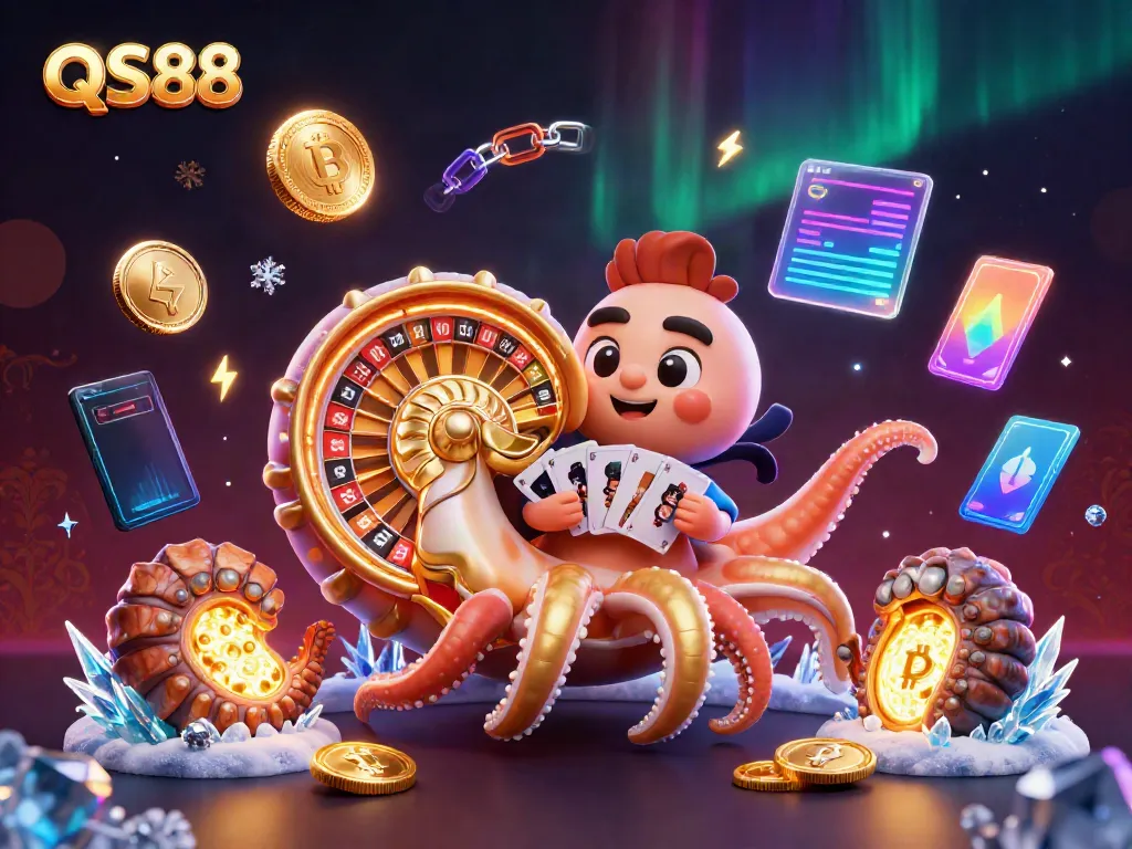 Engage with thrilling casino action at QS88 with a 3D nautilus roulette wheel and glowing cryptocurrency elements.
