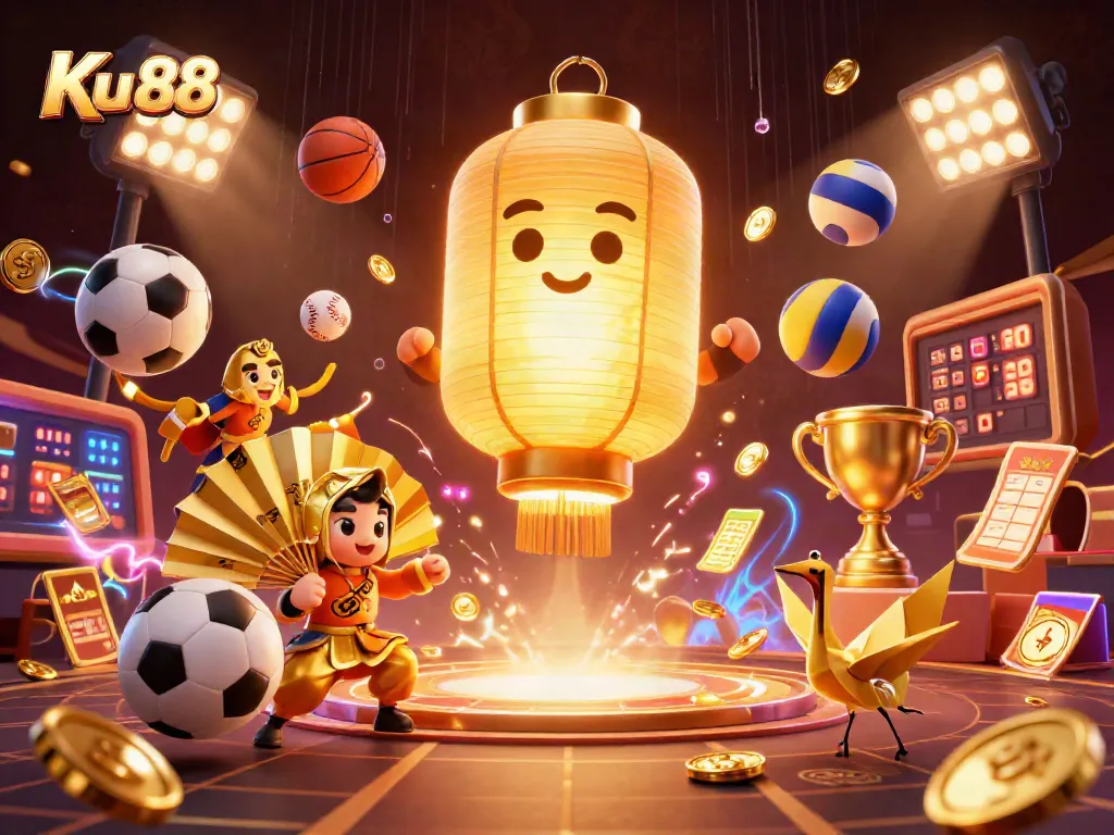 Engage with Ku 88's dynamic night market casino scene featuring sports balls and golden characters.