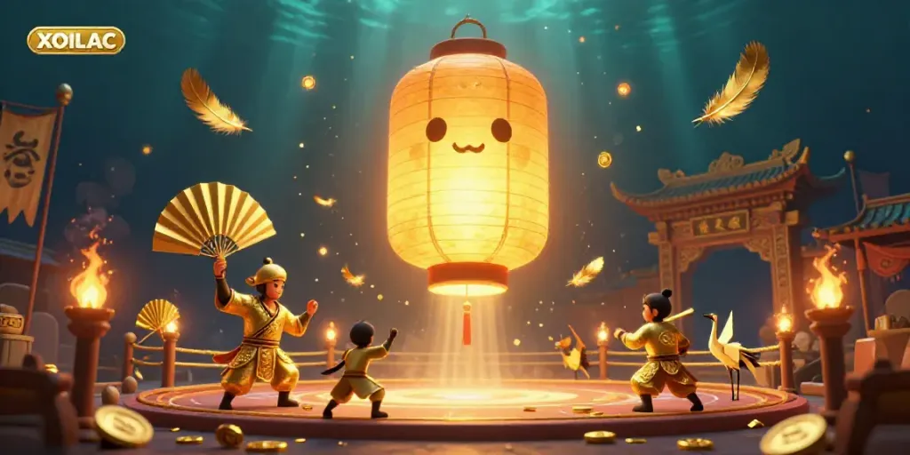 Watch the magical scene of XOILAC as golden lantern spirits and warriors illuminate the casino atmosphere.