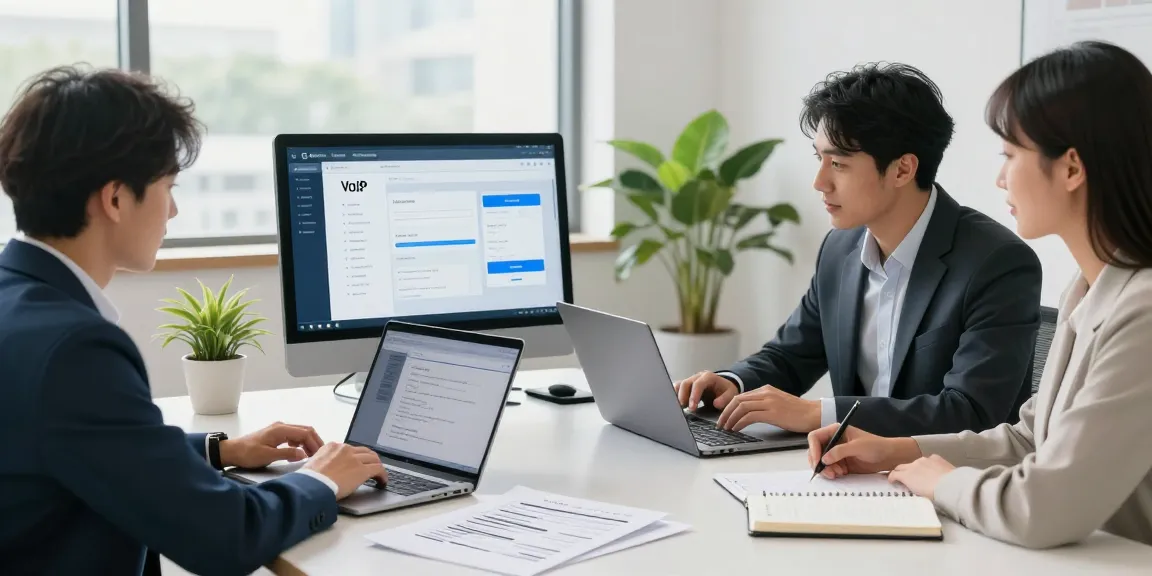 Hosted VoIP phone systems for small business professionals collaborating in a modern office.