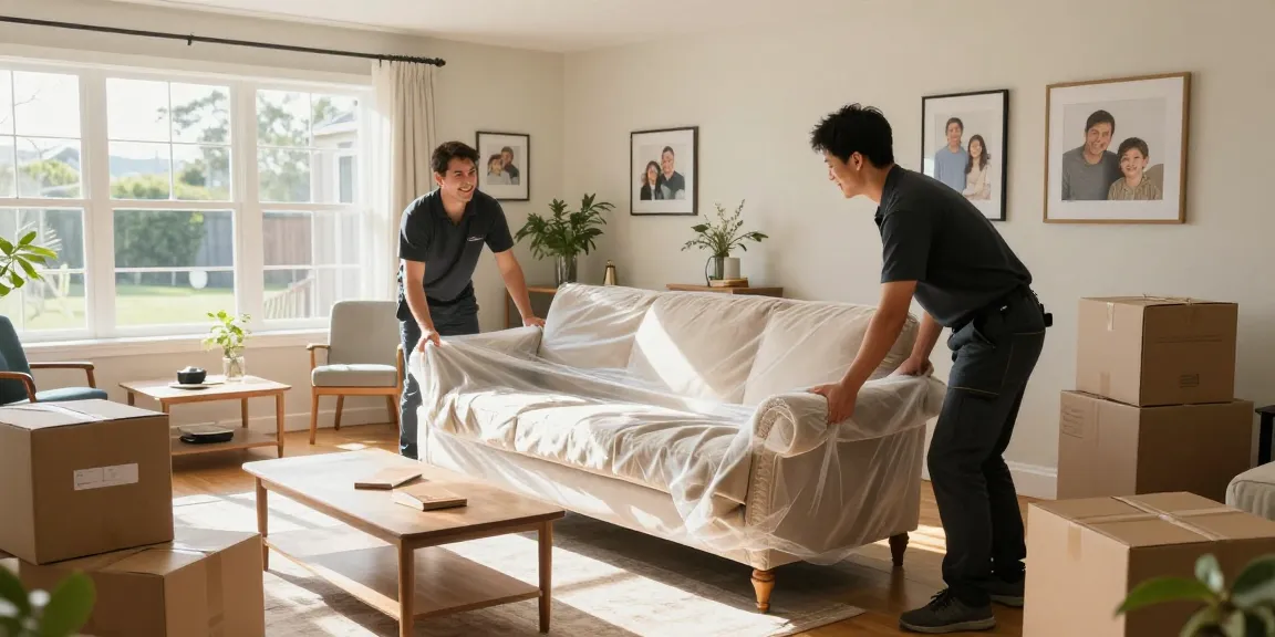 Tauranga furniture movers wrapping a sofa in a bright living room, showcasing professional moving services.