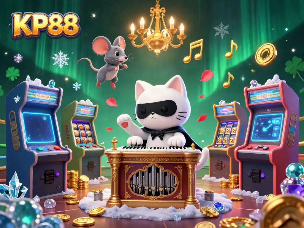 Experience the thrilling KP88 casino adventure with a whimsical phantom cat at a lively gaming scene.