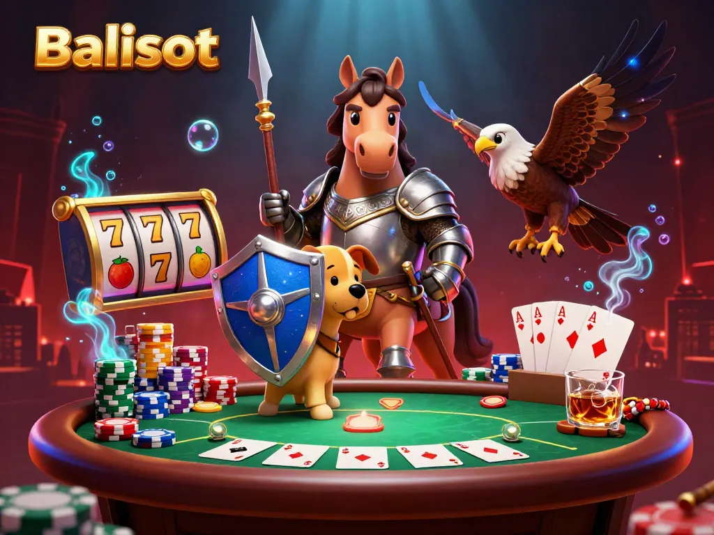 Engage with thrilling Balislot gaming as medieval knight and friends surround a vibrant poker setup.