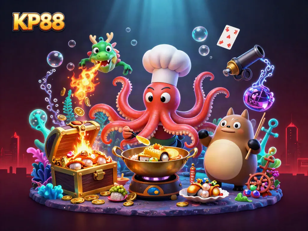 Experience thrilling wins at KP88 with a vibrant 3D underwater casino scene featuring lucky characters and treasures.