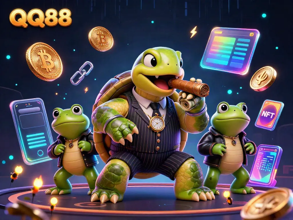 Experience the excitement of QQ88's casino world with a dynamic scene of colorful characters and engaging game elements.