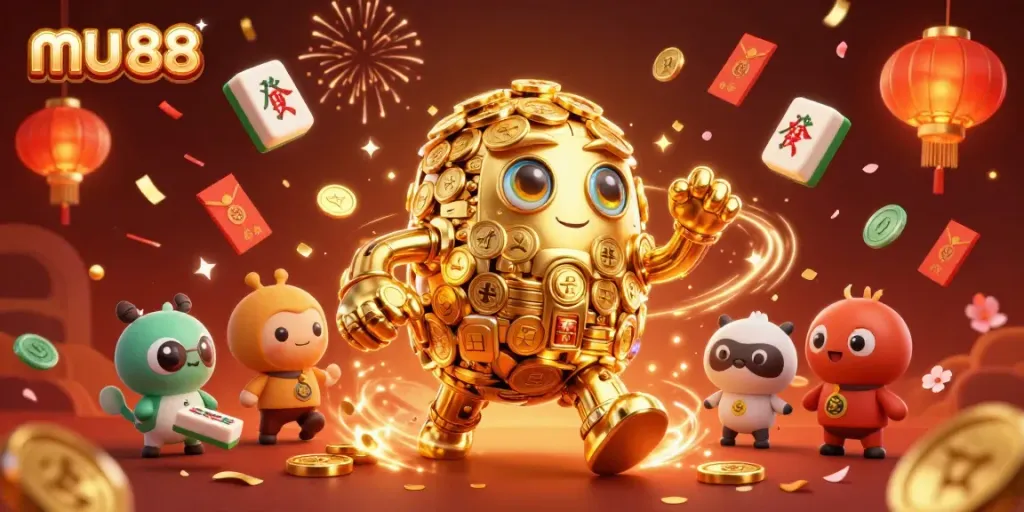 Engaging mu 88 scene with a golden golem and vibrant casino elements in 3D.