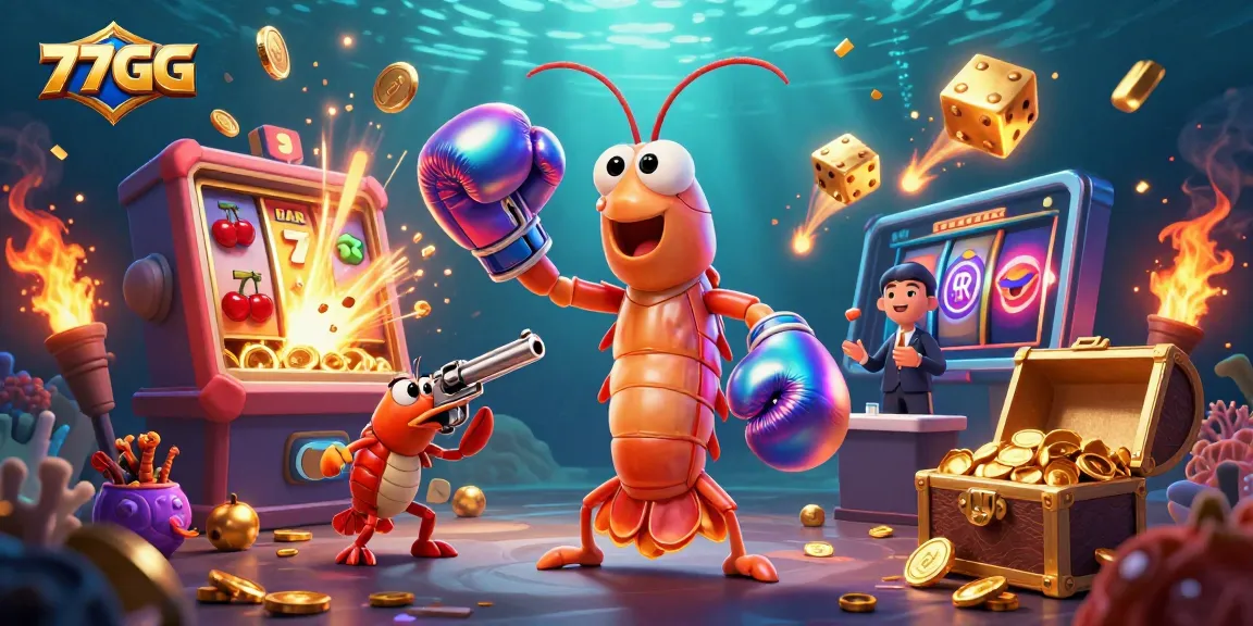 Join exciting wins at 77GG with a vibrant slot machine and playful shrimp characters.